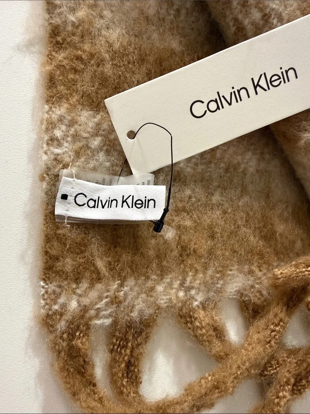 Calvin Klein Cream & Brown Plaid Fringe Throw Scarf 74 X17 inches